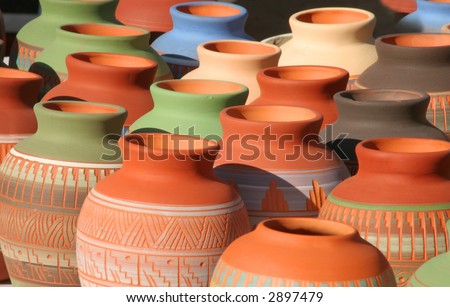 Colorful Native American themed pottery found in an outdoor market in Santa Fe, NM