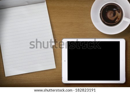 empty desktop, note paper and tablet