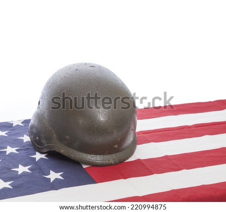 Military helmets and American flag  on white background.