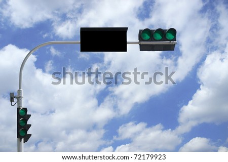 three lights are green in front of blue sky