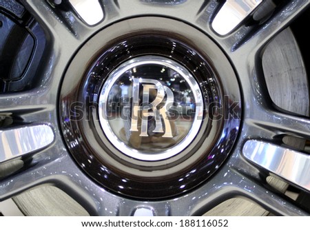 Bangkok - April 2 : logo of Rools Royce on wheels - in display at 35th Bangkok International  Motor Show 2014 on April 2,2014 in Bangkok Thailand
