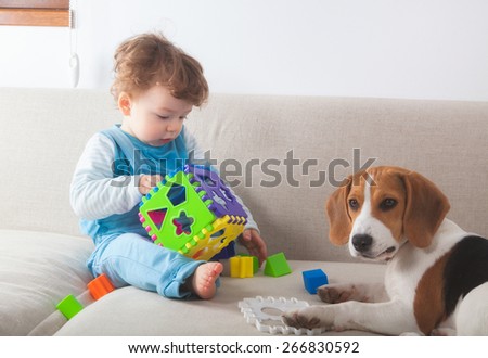 Baby boy playing with toys next to his beagle pet dog.