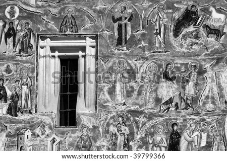 Fresco of Voronet church in Romania in black and white