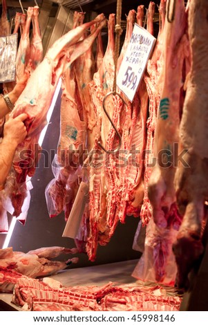 Various meats at the main meat market in Athens Downtown in Greece in December 2009