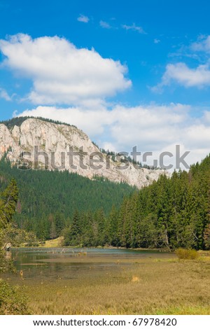 Vertical landscape of the back of the Red Lake and Hasmas Mountains in the background in summer, Romania.