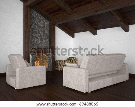 Living Room on Living Room With Roof Beam And Fireplace Stock Photo 69488065