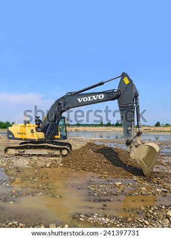 Kalush, Ukraine - July 22: Gravel excavated in the mainstream of the river near the town Kalush, Western Ukraine July 22, 2013