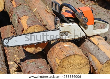 Chain saw on logs