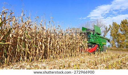 Kalush, Ukraine - OCTOBER 14: Modern John Deere combine harvesting corn on the field near the town Kalush, Western Ukraine on October 14, 2014