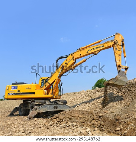 Kalush, Ukraine - July 8: On the construction of a protective dam near the town of Kalush, Western Ukraine July 8, 2015