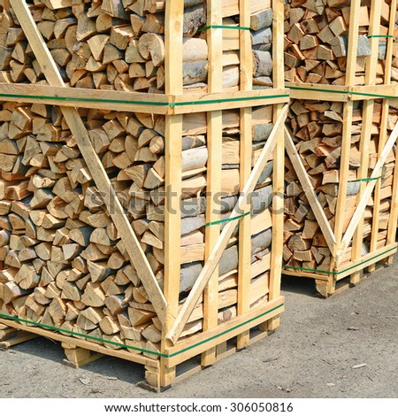 Chipped fire wood in packing on pallets