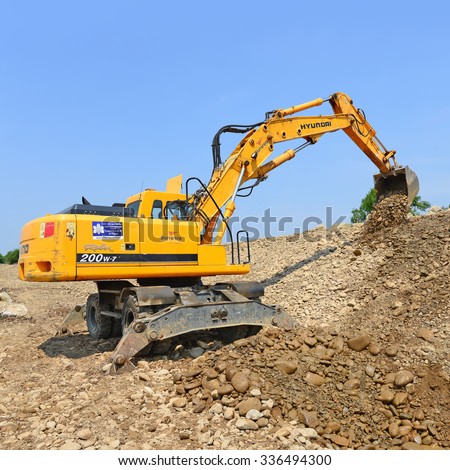 Kalush, Ukraine - July 8: On the construction of a protective dam near the town of Kalush, Western Ukraine July 8, 2015