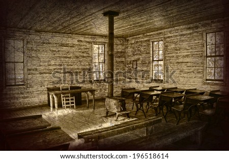 The interior of an old one room school house. It shows the old school desks and benches with a wood stove in middle of the room. This photo has had hdr applied as well as vignette and grunge texture.