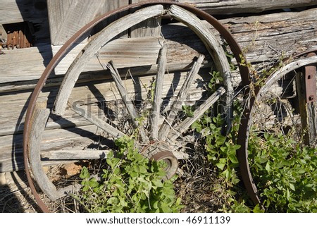 A old broken wooden wagon wheel leaning up against a barn with vines growing on it.