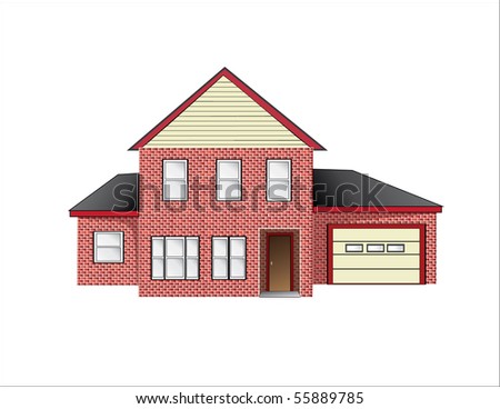An illustration of a red brick two story home with tan yellow and red trim. It also has a two car garage with a tan yellow garage door.