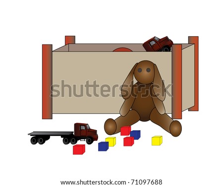 An illustration of a child\'s toy box with teddy bear, truck and building block toys.