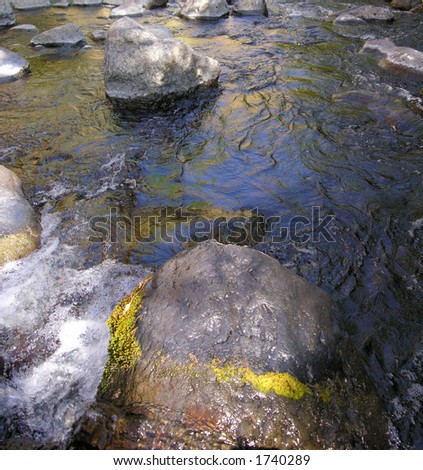 Water boils around creek stones.