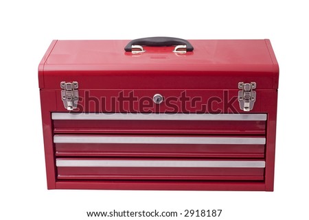 red metal tool box with three drawers and chrome latches