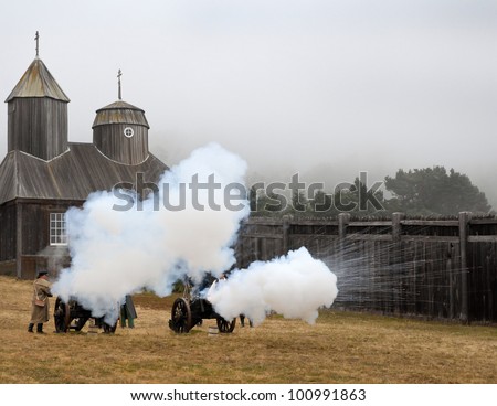 Canon Fire at Fort Ross Living History Day. Fort Ross was a thriving Russian-American Company settlement from 1812 to 1841 and located in Sonoma County, California, USA.