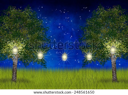 Summernight with lanterns in the trees