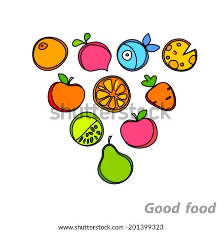 Healthy wholesome food - fruit, vegetables, fish. Vector design.
