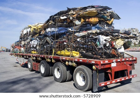 stock photo Truck full of wrecked cars for scrap