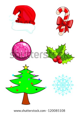 Christmas icons symbols vector illustration christmas tree santa cap cane candy bauble mistletoe berry snowflake. Christmas icons symbols vector illustration christmas tree santa cap cane candy bauble mistletoe berry snowflake.