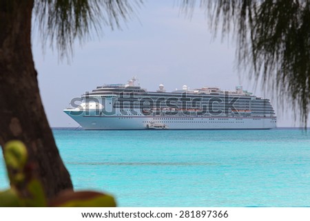 cruise ship in the distance from the shade of a tree