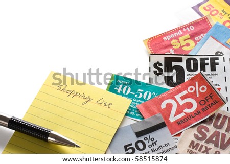 Coupons and shopping list on white background. Concept of saving money.