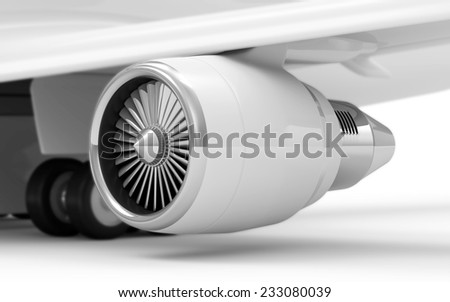 Close-up View of Airplane Turbine Engine isolated on white background. Focus on Turbine