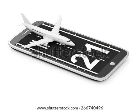 Travel with your Phone or Order Airline Tickets via Smart Phone Application Concept. Runway with Passenger Airliner on Modern Smart Phone isolated on white background. Tickets of My Own Design