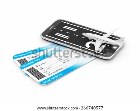 Order Airline Tickets via Smart Phone Application Concept. Airline Boarding Pass Tickets with Airplane and Runway on Modern Smart Phone isolated on white background. Tickets of My Own Design