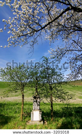 Spring countryside with blooming tree and christ-cross