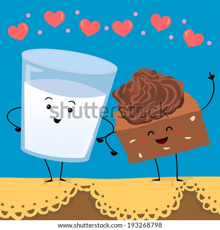Cartoon character illustration of a tasty couple featuring a glass of milk and a brownie.
