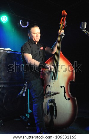 COLORADO SPRINGS, CO. USA	JANUARY 27:		Bassist/Vocalist Jimbo Wallace of the Rockabilly band Reverend Horton Heat performs in concert January 27, 2012 at the Black Sheep in Colorado Springs, CO. USA