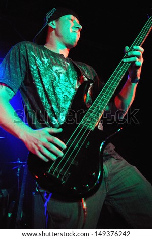 COLORADO SPRINGS		OCTOBER 08:		Bassist Kris Dobler of the Heavy Metal band Sanguine Addiction performs in concert October 8, 2012 at the Black Sheep music hall in Colorado Springs CO.