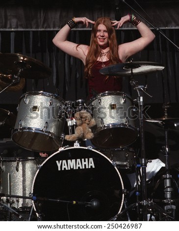 DENVER	MAY 01:		Drummer Mercedes Lander of the Alternative Rock band Kittie performs in concert May 11, 2001 at Red Rocks Amphitheater in Denver, CO.