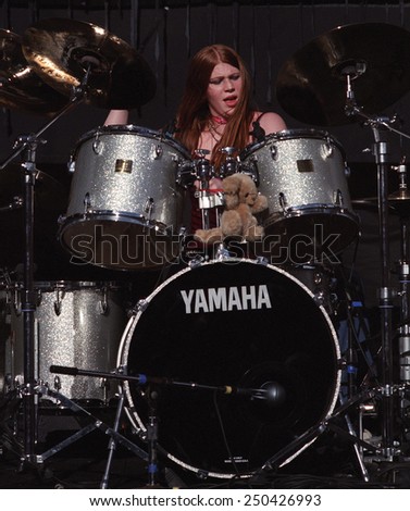DENVER	MAY 01:		Drummer Mercedes Lander of the Alternative Rock band Kittie performs in concert May 11, 2001 at Red Rocks Amphitheater in Denver, CO.