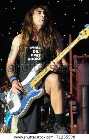 DENVER - JUNE 14: 	Steve Harris bassist for the heavy metal band Iron Maiden performs in concert June 14, 2010 at the Comfort Dental Center Amphitheater in Denver, CO.