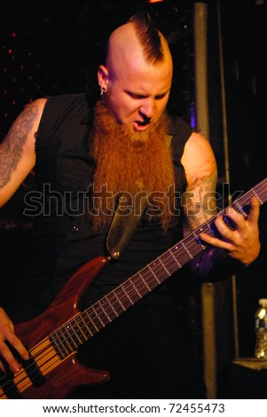 COLORADO SPRINGS, CO.- SEPTEMBER 29: 	Bassist Matt Snell of the Heavy Metal band Five Finger Death Punch performs in concert September 29, 2008 in Colorado Springs, CO. USA