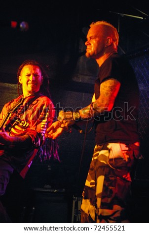 COLORADO SPRINGS, CO. - SEPTEMBER 29: 	Ivan Moody (R) and Zoltan Bathory of the Heavy Metal band Five Finger Death Punch perform in concert September 29, 2008 in Colorado Springs, CO. USA