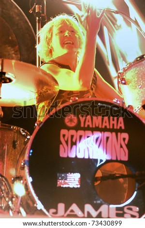 DENVER - FEBRUARY 25: Drummer James Kottak of the Heavy Metal band the Scorpions performs in concert February 25, 2003 at the Magnus Arena in Denver, CO.