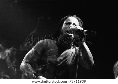 DENVER - APRIL 2: Vocalist Lajon Witherspoon of the Heavy Metal band Sevendust performs in concert April 2, 2003 at the Fillmore Auditorium in Denver, CO.
