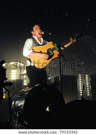 DENVER	JUNE 15:	Vocalist/Guitarist/Percussionist Marcus Mumford of the Folk Rock band Mumford & Sons performs in concert June 15, 2011 at the Fillmore Auditorium in Denver, CO.