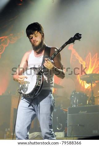 DENVER	JUNE 15:	Banjo Player/Vocalist Winston Marshall of the Folk Rock band Mumford & Sons performs in concert June 15, 2011 at the Fillmore Auditorium in Denver, CO.