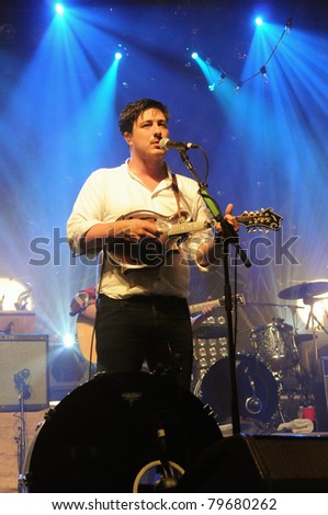 DENVER-JUNE 15:	Vocalist/Guitarist/Percussionist Marcus Mumford of the Folk Rock band Mumford & Sons performs in concert June 15, 2011 at the Fillmore Auditorium in Denver, CO.