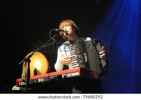 DENVER-JUNE 15:	Keyboardist/Percussionist/Accordion Player Ben Lovett of the Folk Rock band Mumford & Sons performs in concert June 15, 2011 at the Fillmore Auditorium in Denver, CO.