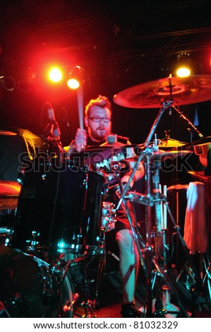 COLORADO SPRINGS, CO. USA – JULY 6:	Drummer Craig Wingate of the Heavy Metal band Shamans Harvest performs in concert on July 6, 2010 at the Black Sheep Theater in Colorado Springs, CO. USA