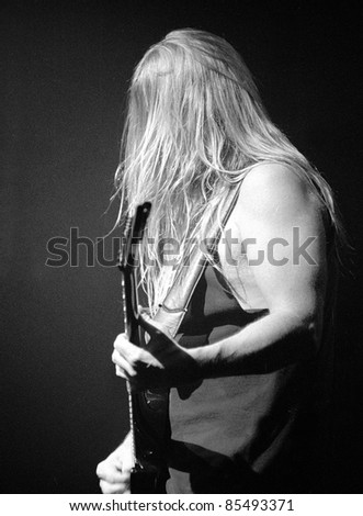 DENVER-AUGUST 9: Guitarist Jeff Hanneman of the Heavy Metal band Slayer performs in concert  on August 9, 2002 at the Fillmore Auditorium in Denver, CO..