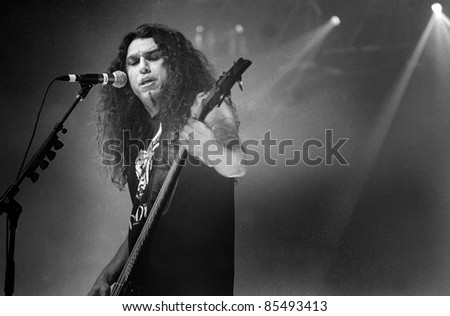 DENVER-AUGUST 9: Vocalist/Bassist Tom Araya of the Heavy Metal band Slayer performs in concert on August 9, 2002 at the Fillmore Auditorium in Denver, CO.